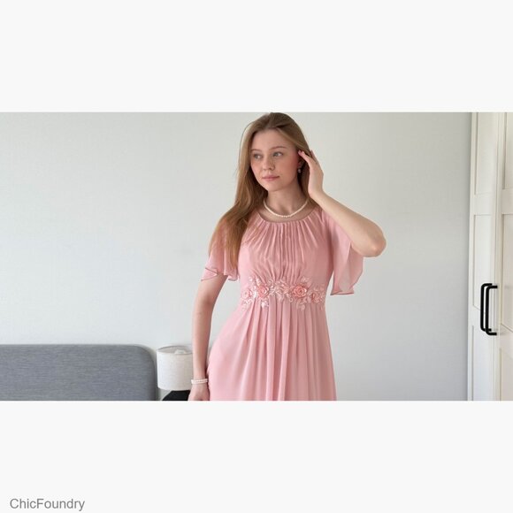 Floor Length Formal Dress with Chiffon Fabric and Floral Appliques - Picture 7 of 7